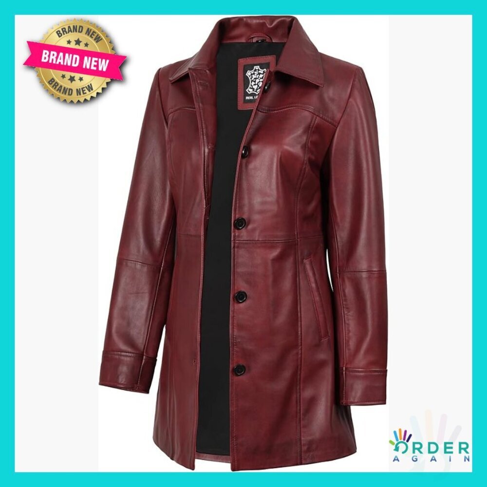 Real Lambskin Leather Car Coat Trench Style Button Closure Classic Elegant